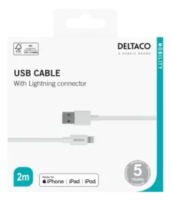Deltaco USB-A to Lightning Cable, 2m, White