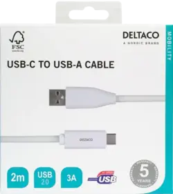 Deltaco USB-C to USB-A Cable, 3A, 2m, White