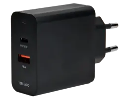 Deltaco Dual USB Wall Charger, 1x USB-A, 1x USB-C
