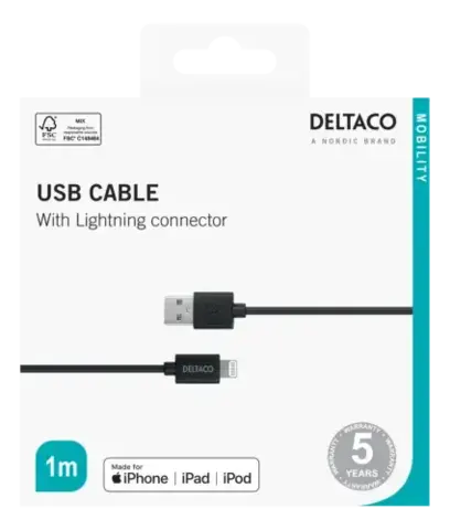 Deltaco USB-A to Lightning Cable, 1m, Black