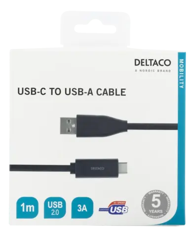 Deltaco USB-C to USB-A Cable, 3A, 1m, Black