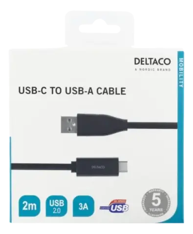 Deltaco USB-A to USB-C Cable, 3A, 2m, Black