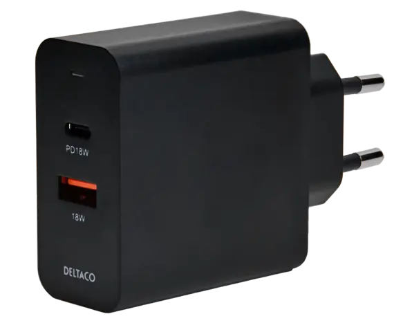 Deltaco Dual USB Wall Charger, 1x USB-A, 1x USB-C