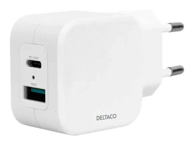 USB Wall Charger, 1x USB-A 18 W, 1x USB-C PD 20 W