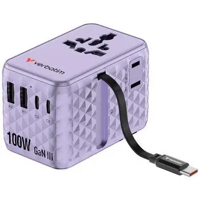Charge ’n’ Travel 100W Travel Adapter w/ Cable Purple